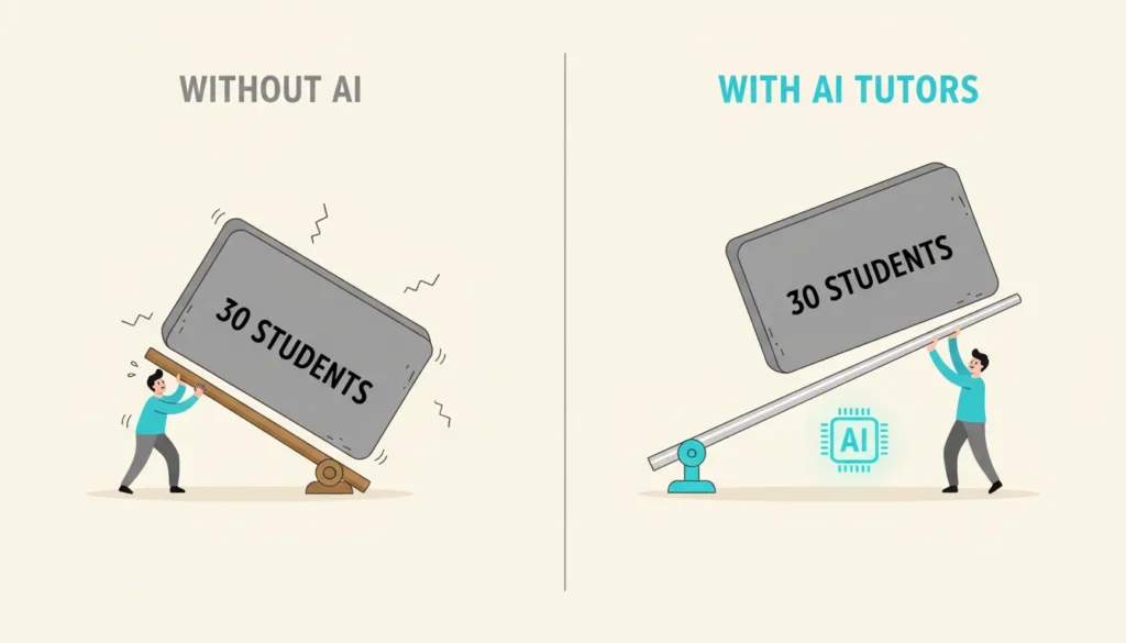Lever metaphor infographic comparing effort to scale learning. Left shows teacher struggling to lift heavy student block with short lever. Right shows same teacher easily lifting same block using long lever powered by glowing AI chip at fulcrum point.