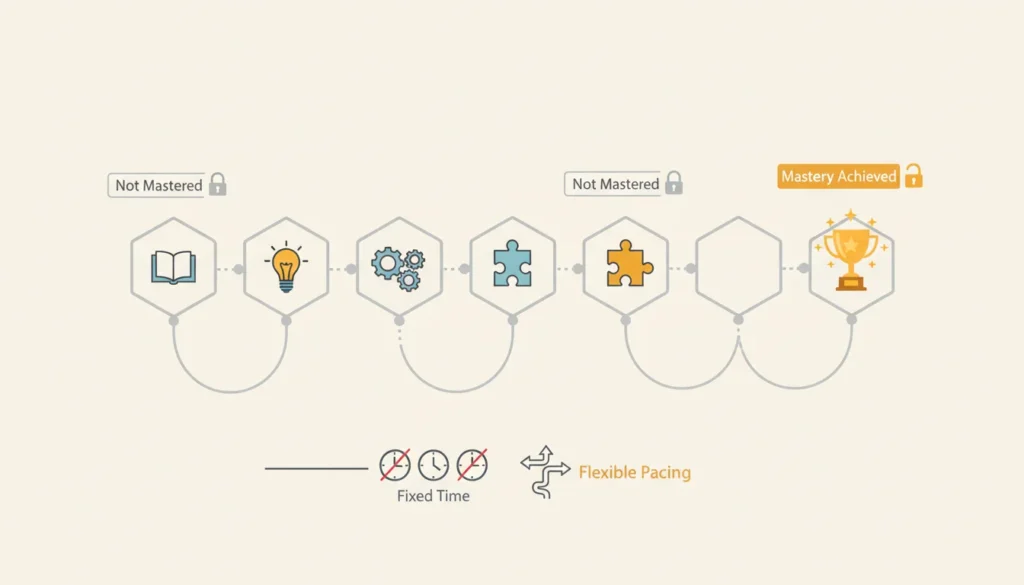 Horizontal path infographic with six hexagonal checkpoints showing learning symbols from book to trophy. First five hexagons show locked icons, final hexagon shows unlocked with Mastery Achieved label. Below, crossed-out clocks represent flexible pacing.
