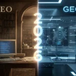 GEO vs SEO banner showing the evolution from traditional blue link search results to futuristic AI answer engine citations in 2026, representing Generative Engine Optimization strategies.