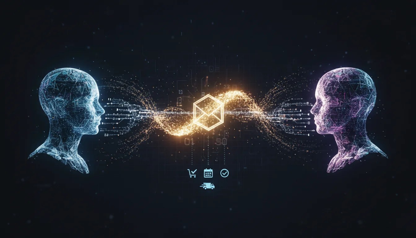 High-speed visualization of agent-to-agent (A2A) negotiation in autonomous commerce. Two minimalist AI agents engage in rapid data exchange, with a blur of light between them representing milliseconds of activity. Within this blur, transaction icons including price tags, percentage symbols, checkmarks, and clock icons flicker as deals are negotiated and completed instantly. In the background, hundreds of additional AI agents stretch toward the horizon like light trails on a digital highway, emphasizing the scale and simultaneity of machine-to-machine transactions. The image captures how AI agents negotiate and transact autonomously without human intervention, at speeds impossible for humans to match. Color palette uses cool blues and cyans for speed trails with bright white and gold highlights at points of completion.