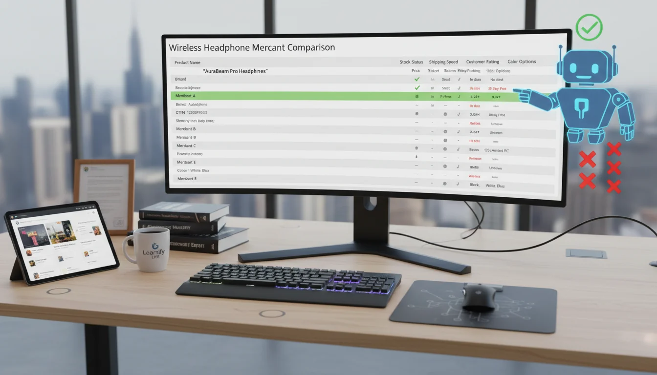 Practical business visualization showing why data completeness determines winners in agentic commerce. A computer monitor displays a spreadsheet comparing five merchants selling similar products. The first merchant row is completely filled with product data: product name, brand, GTIN, price, stock status (green checkmark), shipping speed, return policy, and 4.8-star rating. This row has a subtle green background glow indicating agent preference.

The remaining four merchant rows have missing data throughout: empty cells show gray dashes, red "No data" warnings appear, stock status shows question marks, and shipping information reads "Unknown." These rows have plain backgrounds.

A small glowing robot icon representing an AI shopping agent points directly at the first merchant with a checkmark hovering above it. Small red X marks float near the other merchants, indicating the agent rejected them due to incomplete data.

The image demonstrates that in agent-addressable commerce, merchants with complete, structured product data get selected while those with missing data become invisible to AI agents. Setting is a modern ecommerce manager's workspace.