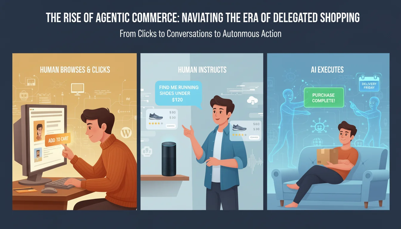 A three-panel banner image showing the evolution of shopping from traditional ecommerce to agentic commerce. The left panel shows a person clicking a checkout button on a computer. The middle panel shows a person speaking to a smart device. The right panel shows a person relaxing while AI agents handle purchases automatically. Title overlay: The Rise of Agentic Commerce: Navigating the Era of Delegated Shopping.