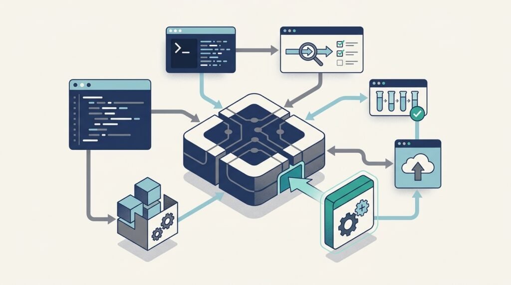 Editorial illustration showing a connected developer ecosystem with coding tools, package workflows, and software infrastructure.