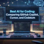 Cinematic AI coding blog banner featuring code editors, terminal tools, and GitHub Copilot, Cursor, and Codeium comparison visuals.