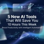 Abstract AI productivity banner with modern interface elements and the title 5 New AI Tools That Will Save You 10 Hours This Week