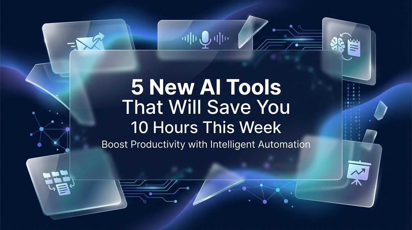 Abstract AI productivity banner with modern interface elements and the title 5 New AI Tools That Will Save You 10 Hours This Week