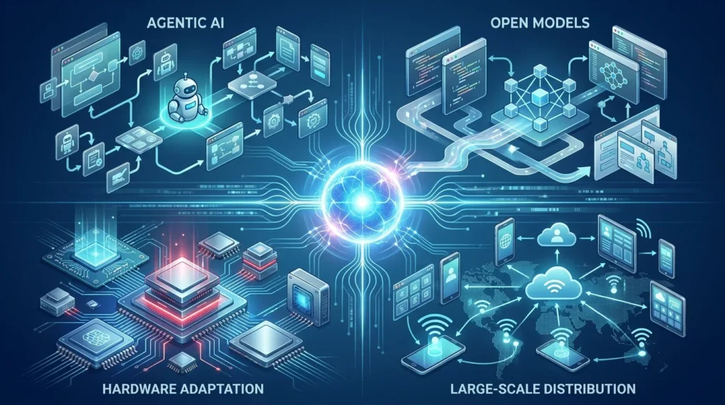 Create a high-quality editorial-style illustration for a blog post section about the larger direction of China’s AI industry. The image should visually represent four connected themes: AI agents, open models, hardware adaptation, and large-scale distribution. Show a futuristic digital ecosystem with multiple interconnected layers. Include a central glowing AI core or intelligence hub, from which several streams branch out into different zones. One zone should represent agentic AI, shown through workflow paths, automated task sequences, connected app windows, and AI systems performing multi-step actions. Another zone should represent open models, shown through shared model architecture diagrams, open network nodes, collaborative code interfaces, and modular system blocks. Another area should represent hardware adaptation, using advanced semiconductor imagery, AI chips, circuit boards, edge devices, and compact processors integrated into the system. A final zone should represent distribution, shown through mobile devices, cloud platforms, consumer apps, large-scale user interface grids, and widespread connected endpoints. The visual style should be sleek, modern, and professional, with a premium tech-publication feel. Use layered holographic effects, data streams, network lines, and subtle depth. The composition should feel broad and strategic, showing that many forces are shaping AI at once. Use a color palette of deep blue, cyan, silver, white, and subtle red accents. The final image should be polished, sharp, futuristic, and highly relevant to a serious AI blog. Do not include any text, labels, logos, or headings.