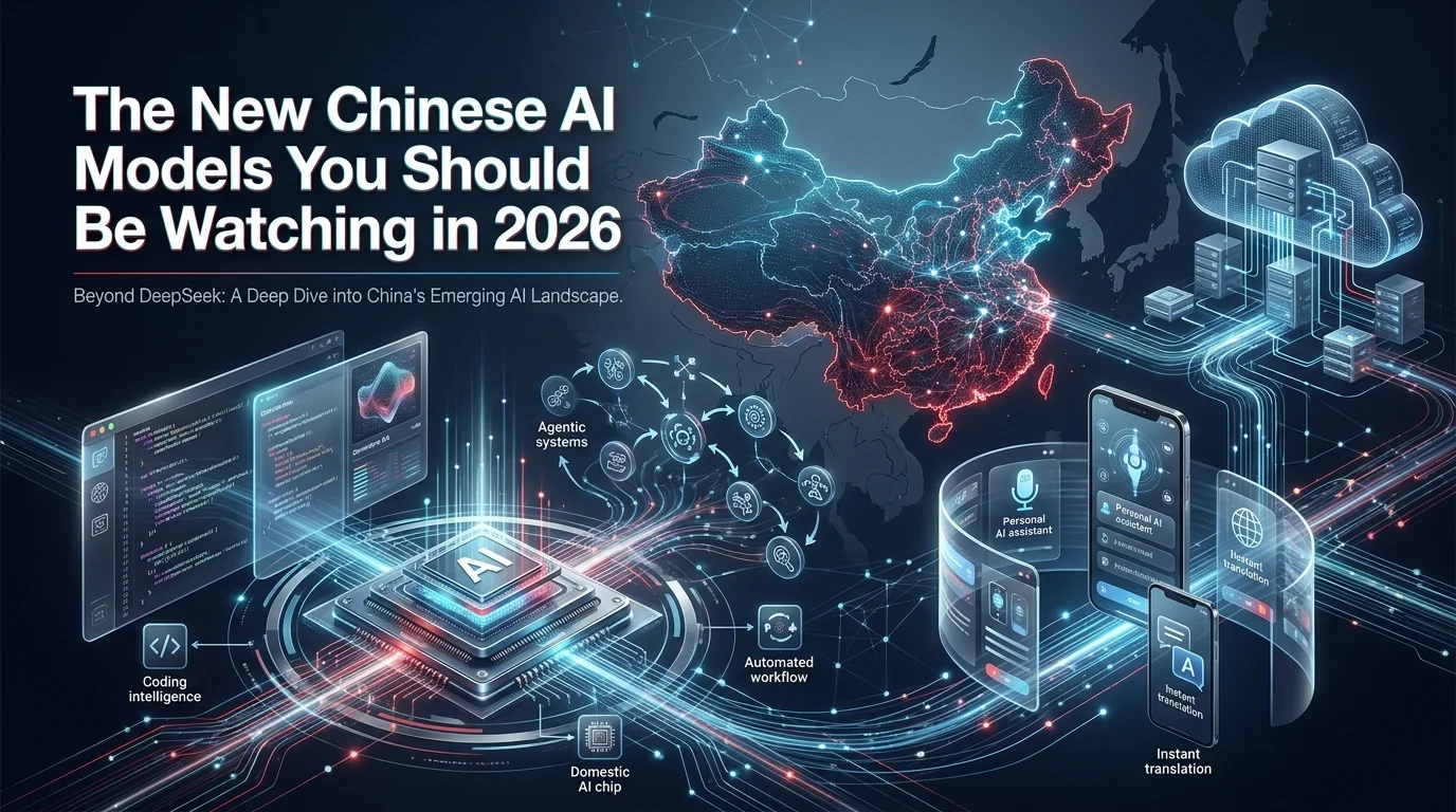 Technology blog banner about Chinese AI models in 2026 featuring a digital China map, futuristic AI visuals, and the title The New Chinese AI Models You Should Be Watching in 2026.