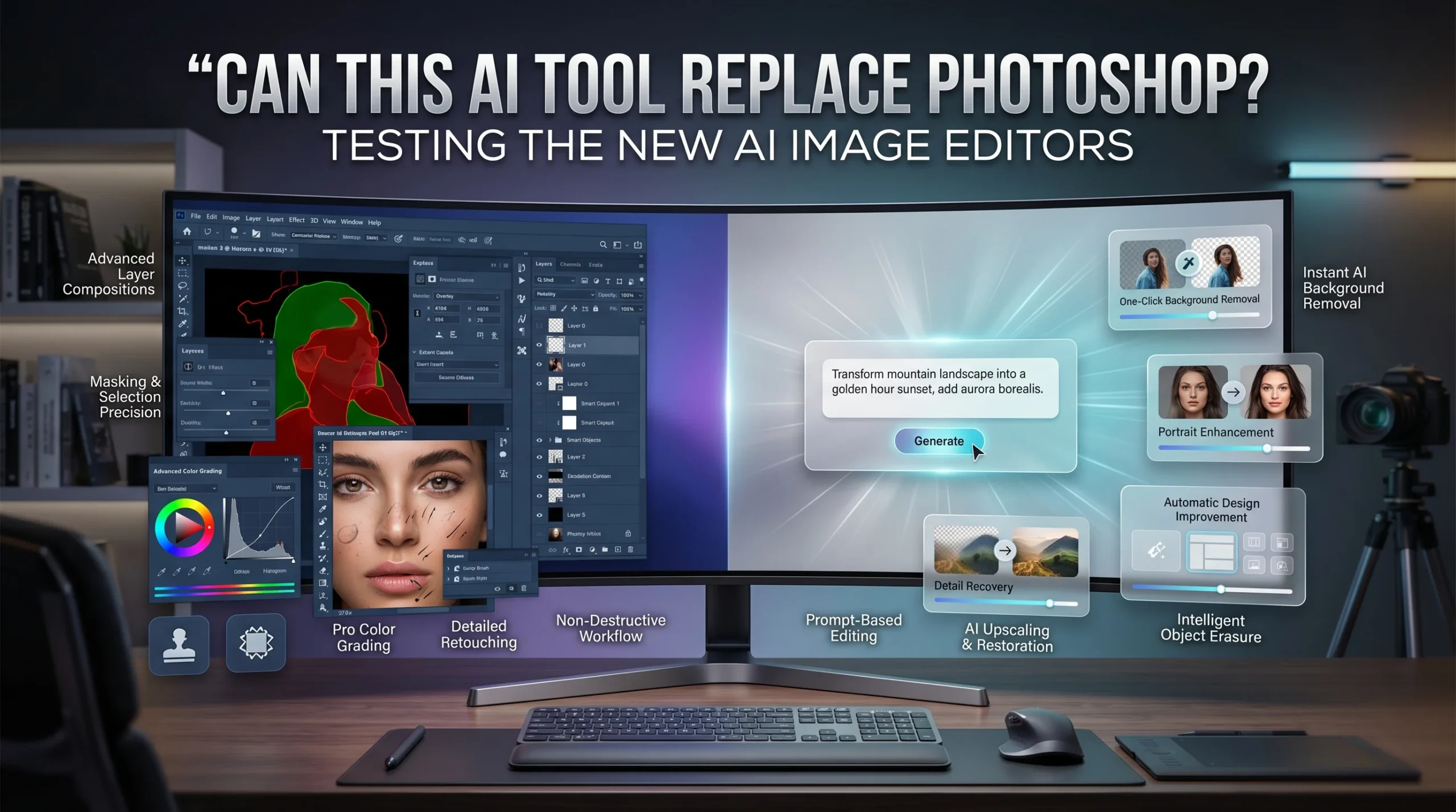 Blog banner comparing Photoshop with new AI image editors featuring a creative workstation and the title Can This AI Tool Replace Photoshop Testing the New AI Image Editors