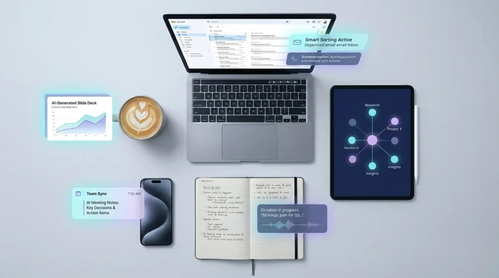 Flat-lay workspace showing AI tools for work including notes, email, writing, knowledge capture, and presentations