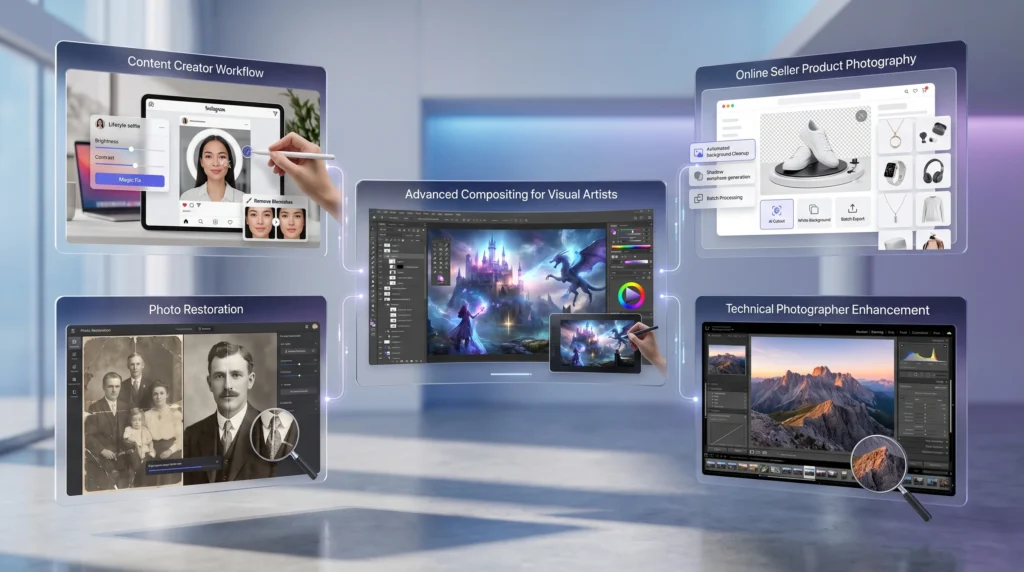 Comparison workspace showing different image editing tools for creators, sellers, photographers, casual users, and designers