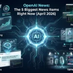 Futuristic blog banner showing major OpenAI news in April 2026 with AI interfaces, funding, GPT-5.4, shopping, developer tools, and media visuals.