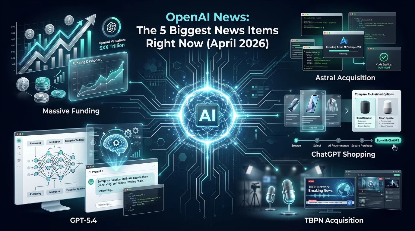 Futuristic blog banner showing major OpenAI news in April 2026 with AI interfaces, funding, GPT-5.4, shopping, developer tools, and media visuals.